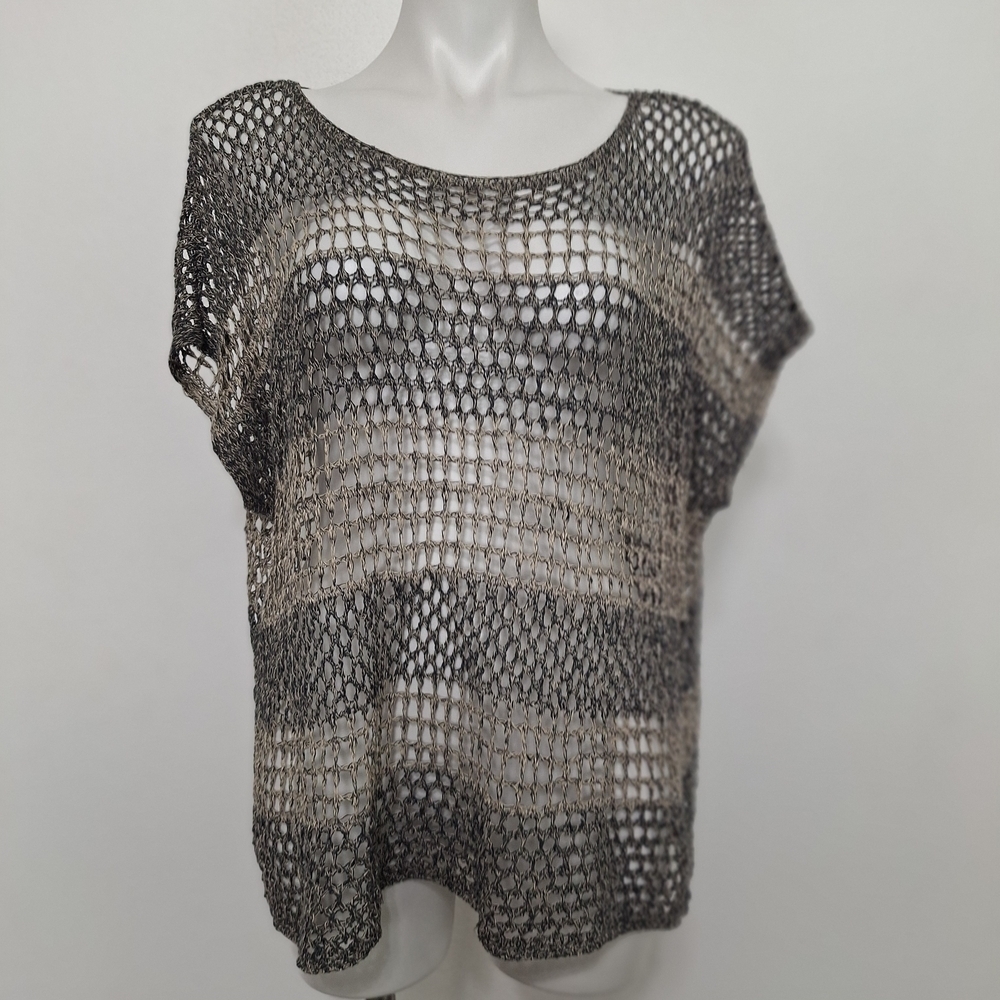 Eileen Fisher Gray Beige Organic Linen Lagenlook Boho Open Knit Top Size  L/XL